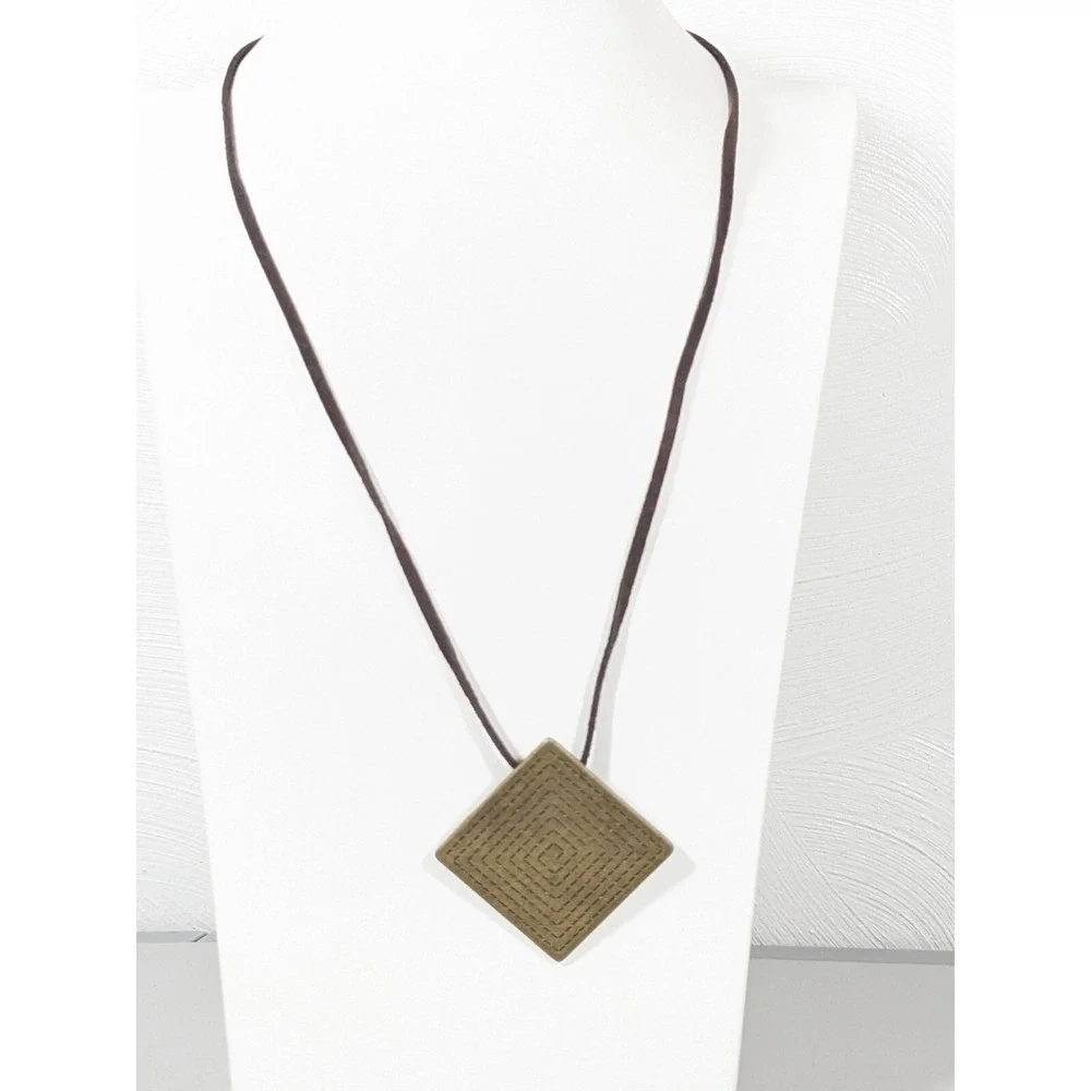 Beachy Tribal Boho Bronze Tone Spiral Square‎ Pendant Cord Necklace 20 inch